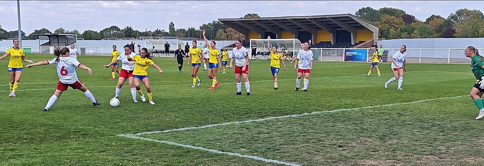 Sudbury waiving their arms about, Danni Hindley (6) is onside and sets up Beth Brogan for a fine goal